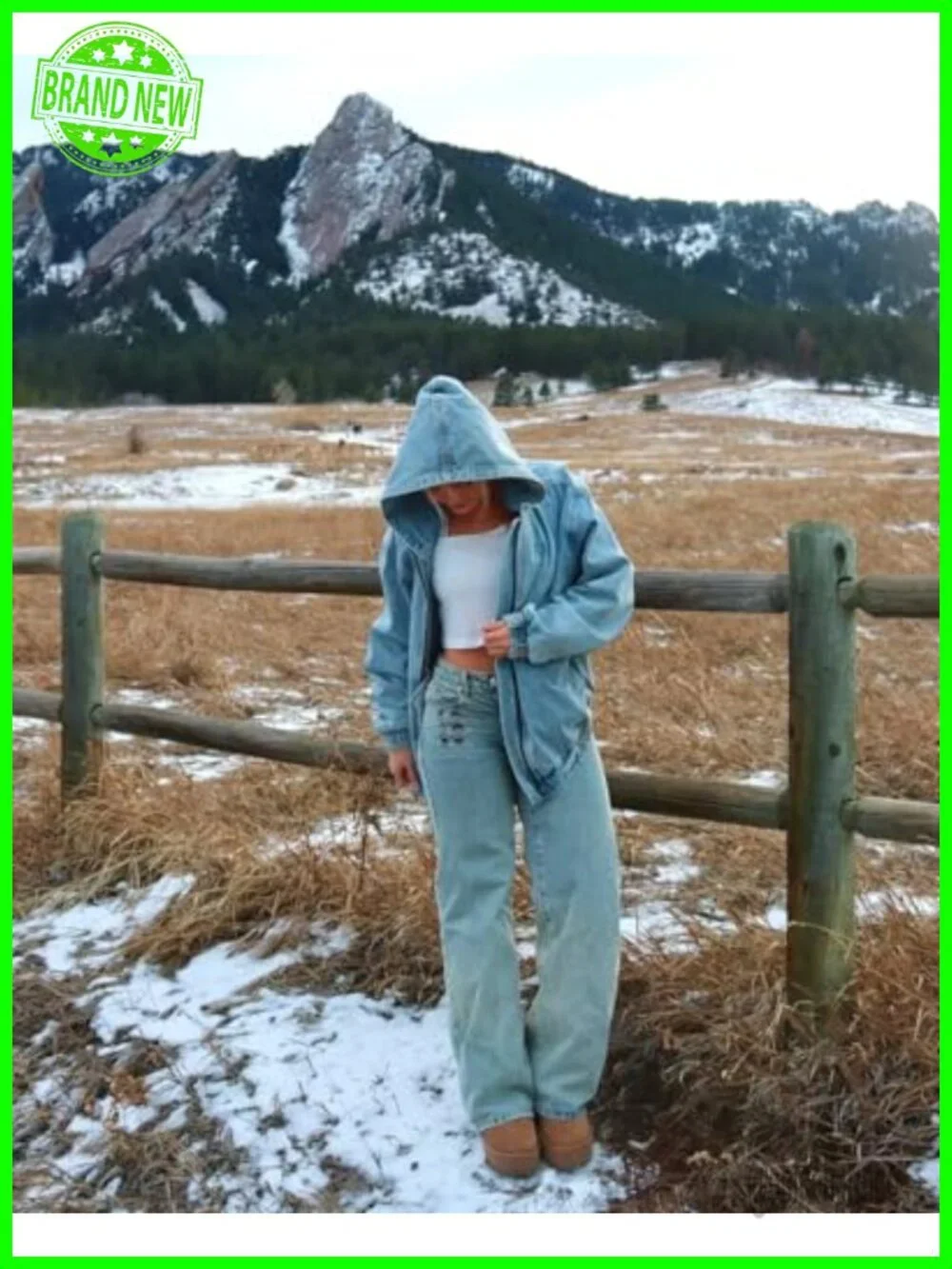 Oversized Vintage Washed Denim Bomber Jacket Hooded Front Zip